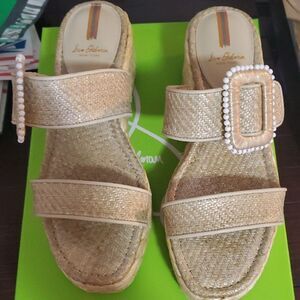 Sam Edelman Beige Wedge Sandals with Pearl Buckle